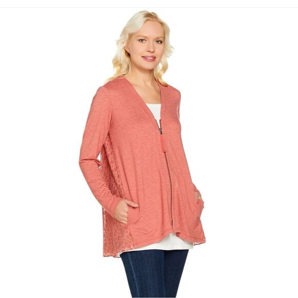 LOGO Lounge By Lori Goldstein Zip Front Cardigan W/ Lace Back Women's Size M - Picture 1 of 16